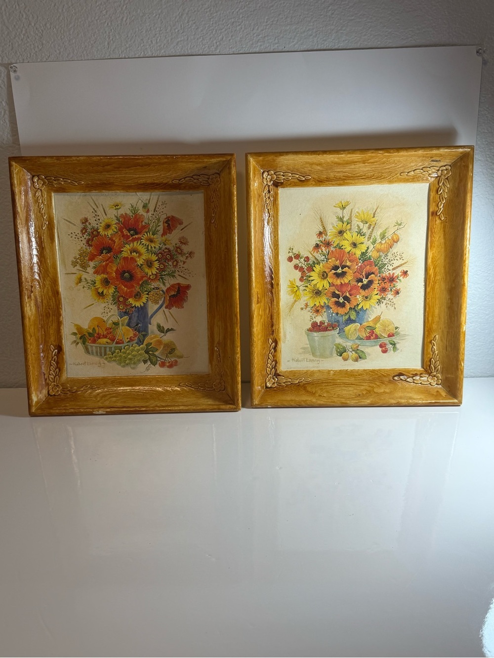 Vintage ROBERT LAESSIG A.N.A 2 Wood Lithograph Flowers Boho Wall Art 13”x11”
